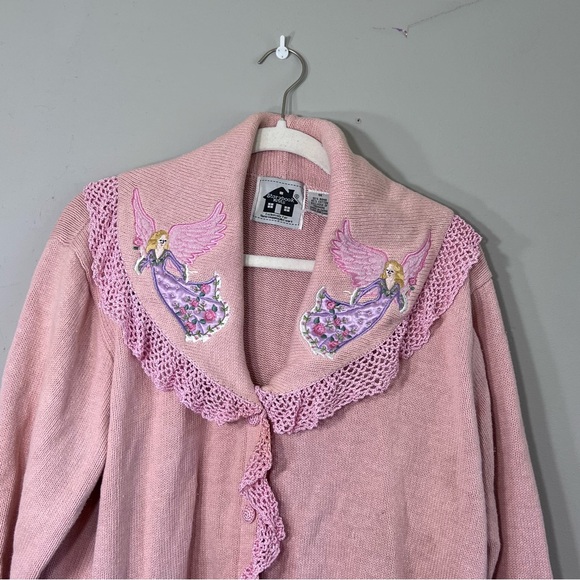 Storybook Knits pink peter pan collar embroidered fairy button front sweater 1X - Picture 2 of 8